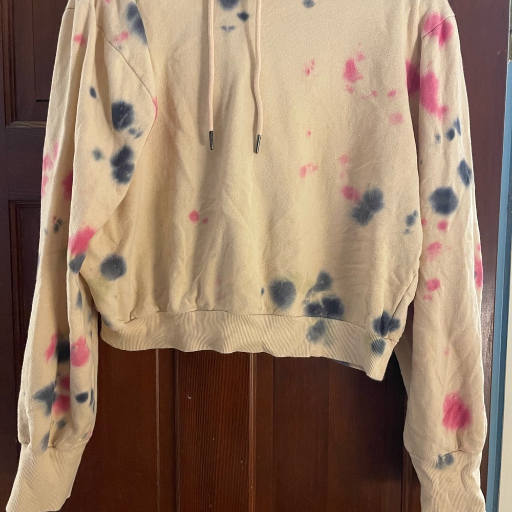 Cropped Tie-Dye Women's Sweatshirt - Light Tan/Yellow and Pink